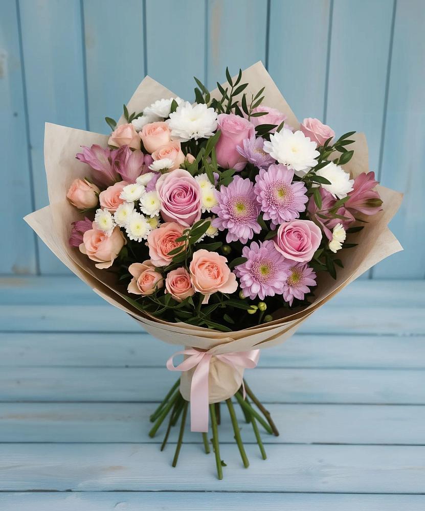 Букет цветов из: Хризантемы, Розы и Альстромерии в Гатлукае