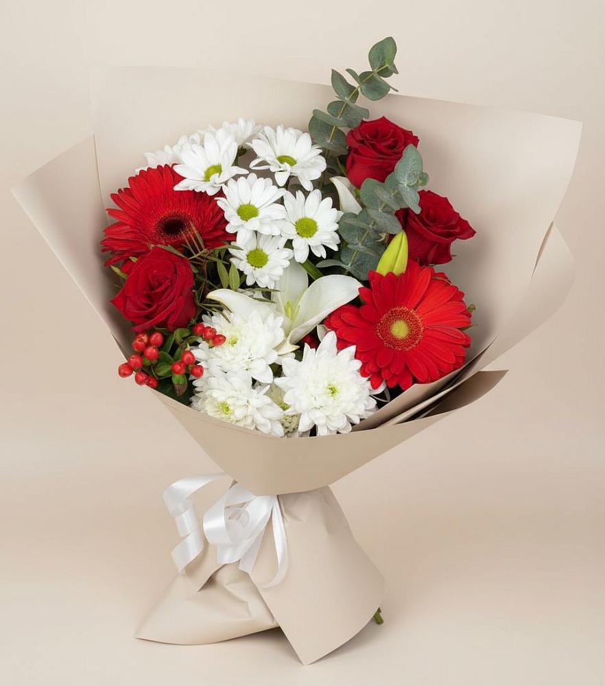 Букет цветов из: Розы, Хризантемы, Герберы и Лилии в Гатлукае