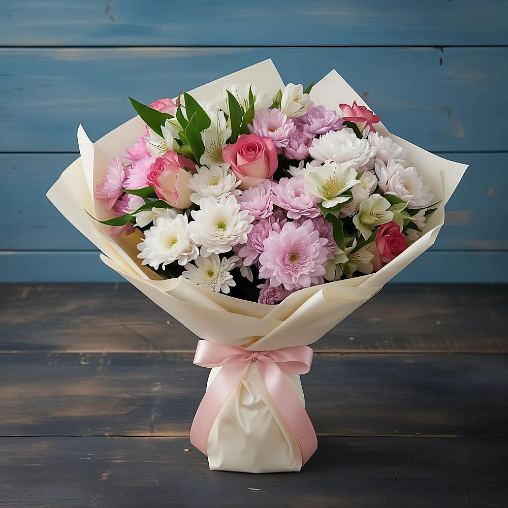 Букет цветов из: Хризантемы, Альстромерии и Розы в Гатлукае